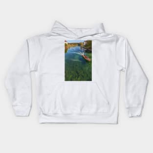 Boat on the Young River Rhine - Rheinau, Switzerland Kids Hoodie